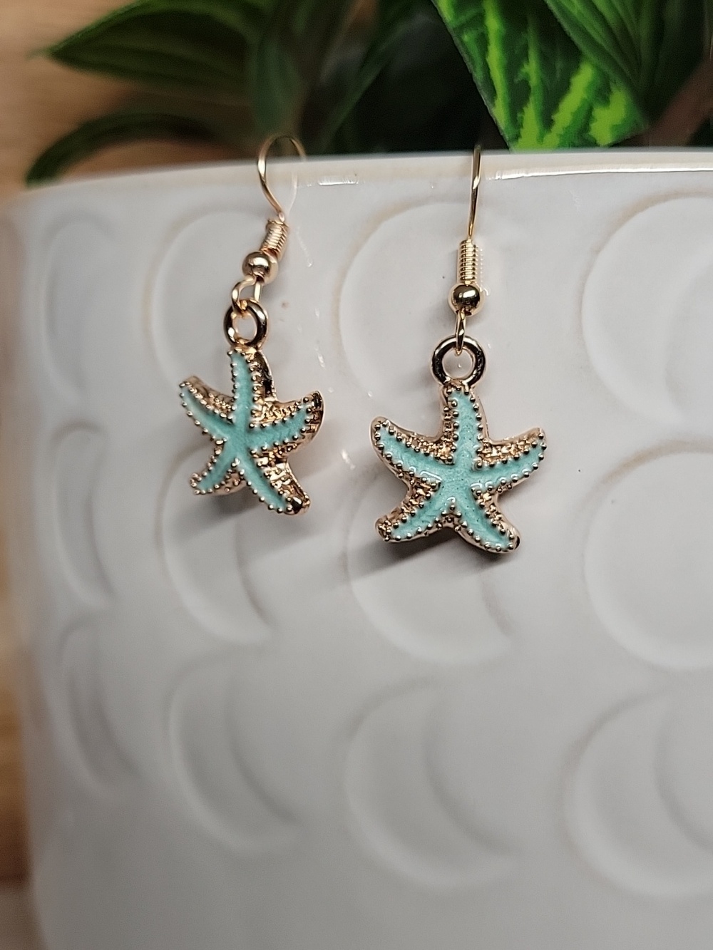 Gold Tone Starfish Drop Earrings with Mint Enamel